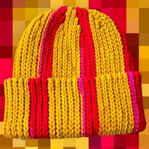 Sunflower Stripe Knit-look 90s beanie, Handmade By Me, Hand Embroidery, Ask Abou